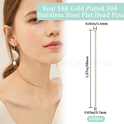 304ステンレス鋼フラットヘッドピン  ジュエリー作りのための  16KGP本金メッキ  40x0.7mm  21ゲージ  ヘッド：1.6mm  約200個/箱&nbsp;STAS-BBC0004-37C