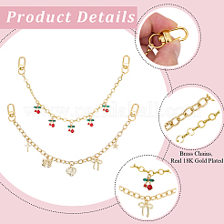 2Pcs 2 Styles Alloy Ruby Rhinestone Cherry & Heart Bowknot Pendant Brass Bag Decorative Chains&nbsp;HJEW-BM0001-45