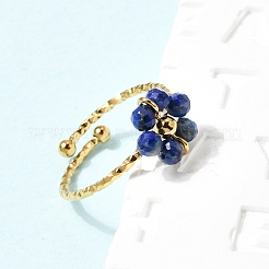 Adjustable 304 Stainless Steel Natural Lapis Lazuli Cuff Open Rings&nbsp;RJEW-P187-01G-03
