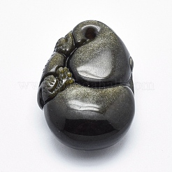 天然な金色の光沢のオブシディアンのペンダント  彫刻されたパイクウ  34.5x24x12.5mm  穴：2mm&nbsp;G-P360-06