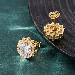 真鍮製 マイクロパヴェ キュービックジルコニア スタッドピアス 女性用  ヒマワリ  ゴールドカラー  14mm&nbsp;EJEW-F418-16G