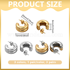 3ペア3色ステンレススチール2層C字型スタッドピアス（女性用）  ミックスカラー  15x20x8mm  1ペア/カラー&nbsp;EJEW-GO0007-008