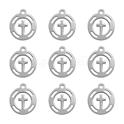 304ステンレススチールチャーム  クロスとフラットラウンド  ステンレス鋼色  11.5x10x1mm  穴：1mm&nbsp;STAS-CJ0002-05