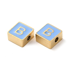304ステンレススチールエナメルビーズ  14KGP本金メッキ  文字のある正方形  文字B  8x8x4mm  穴：2mm&nbsp;STAS-L022-293G-B