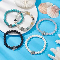女性用の天然と合成の混合宝石ストレッチブレスレット  チベット風合金亀付き  内径：2インチ（5.15cm）&nbsp;BJEW-JB10087