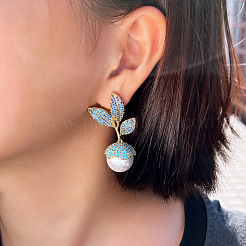 Leaf with Round Brass Micro Pave Cubic Zirconia Dangle Stud Earrings&nbsp;FS-WG7F411-01