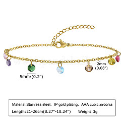 304 Stainless Steel Cable Chain with Flat Round Cubic Zirconia Charm Anklets&nbsp;WG525D3-01