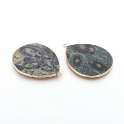 天然カンババジャスパーペンダント  真鍮パーツ  ティアドロップ  ゴールドカラー  42~42.5x32~32.5x2~3mm  穴：2mm&nbsp;G-E526-01L