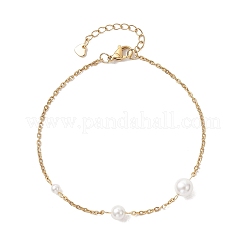 Round White Shell Pearl 304 Stainless Steel Cable Chain Anklets for Women&nbsp;AJEW-AN00781