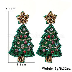クリスマスツリーのフェルト生地のダングルスタッドピアス  ガラス模造パール入り  濃い緑  68x36mm&nbsp;FS-WG8B689-01