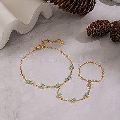 304 Stainless Steel Pave Synthetic Turquoise Link Ring Bracelets&nbsp;LS-VX6527