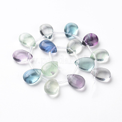 天然石蛍石ビーズ連売り  トップドリルビーズ  ティアドロップ  14~14.5x10~10.5x6mm  穴：0.8mm  約13~14個/連  7.87インチ〜8.46インチ（20~21.5cm）&nbsp;G-L527-11B