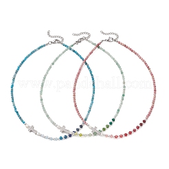 Natural Mixed Stone Faceted Round and Dyed Malaysia Jade & Pearl Beaded Necklaces with Brass Micro Pave Clear Cubic Zirconia Cross&nbsp;NJEW-JN05975
