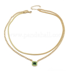 304 Stainless Steel Rhinestone Rectangle Pendant Double Layer Necklaces for Women&nbsp;NJEW-Z070-01G-02