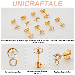 304ステンレススチールスタッドピアス金具20個  水平ループとクリスタルラインストーン付き  コラム  ゴールドカラー  7x4mm  穴：1.8mm  ピン：0.7mm&nbsp;STAS-UN0059-11
