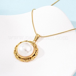 304 Stainless Steel & Acrylic Imitation Pearl Half Round Pendant Snake Chain Necklaces for Women&nbsp;NJEW-F354-07G