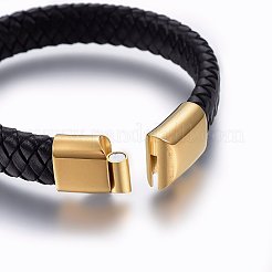 レザー編み込みコードブレスレット  304ステンレススチール製マグネット留め具  長方形  ゴールドカラー  ブラック  8-5/8インチ（22cm）  12x6mm&nbsp;BJEW-E345-13B-G