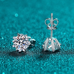 変色防止 925スターリングシルバー モアッサナイトラインストーンイヤリング  花  プラチナ  6.3x6.3mm&nbsp;AJEW-U007-06P