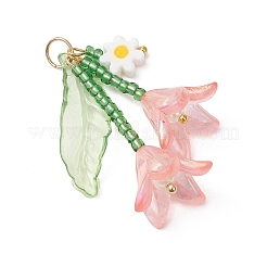 ガラスシードビーズペンダント  ユリの花のチャーム  アクリルリーフと304ステンレス鋼を使用  ゴールドカラー  ライトサーモン  37x7.5~16.5x3~16.5mm  丸カン：5.8x0.8ミリ  内径：4.5mm&nbsp;PALLOY-MZ01240-03