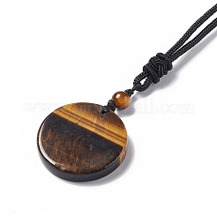 Natural Gemstone Flat Round with Flower of Life Pendant Necklace with Nylon Cord for Women&nbsp;NJEW-P274-02