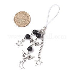 天然石風アクリル携帯ストラップ  合金チャーム  ハート 翼 月 星  ブラック  130mm&nbsp;HJEW-JM02637-02