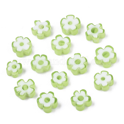 ガラスビーズ  花  薄緑  5~7x5~7x2~3mm  穴：1mm&nbsp;X-GLAA-T019-02-C01-1
