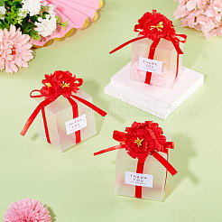 リボンと造花付きの透明なPVCキャンディギフト包装箱  結婚式用の折りたたみ収納ボックス  正方形  レッド  完成品：7x7x7cm&nbsp;CON-TAC0001-20C