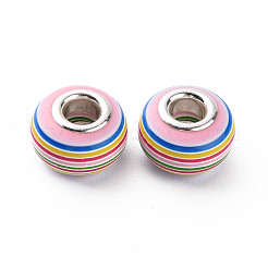 樹脂ヨーロピアンストライプビーズ  大穴ビーズ  シルバーカラーメッキ真鍮コア付き  ロンデル  カラフル  14x8.5mm  穴：5mm&nbsp;RPDL-T003-004K