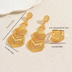 ヴィンテージ中東合金中空扇形イヤリング＆リングセット（女性用）  ゴールドカラー  ピアス：82x31mm&nbsp;KE0324