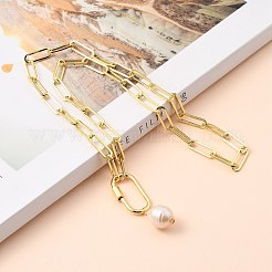 天然養殖淡水真珠ペンダントネックレス  真鍮製のペーパークリップチェーンと楕円形のネジカラビナロックチャーム付き  ゴールドカラー  18.50インチ（47cm）&nbsp;NJEW-JN03087