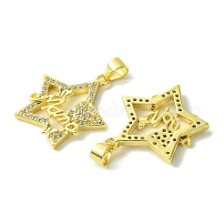 母の日 本物の 18K ゴールドメッキ真鍮マイクロパヴェクリアキュービックジルコニアペンダント  カドミウムフリー＆ニッケルフリー＆鉛フリー  ワードママ  スター  23x21x2.5mm  穴：5x3.5mm&nbsp;KK-H472-09G-02