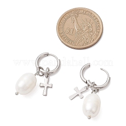 Natural Cultured Freshwater Pearl Rice with Cross Hoop Earrings&nbsp;EJEW-JE06744