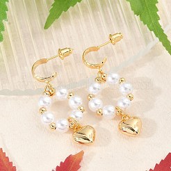 真鍮 ABS プラスチック パール ダングル スタッド イヤリング  ハート  18KGP本金メッキ  43.5x19mm&nbsp;EJEW-U040-19G