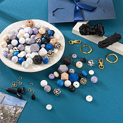 DIY ビーズ キーホルダー ブレスレット メイキング キット  合金分割キーリングとクラスプを含む  プラスチックの留め金  シリコン＆ウッドヨーロピアンビーズ  目と六角形と丸のある八角形  ミックスカラー&nbsp;DIY-TA0004-23