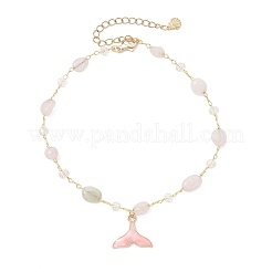 Brass Handmade Natural Morganite Nuggets Link Chain Alloy Enamel Whale Tail Pendant Anklets for Women&nbsp;AJEW-AN00709-01