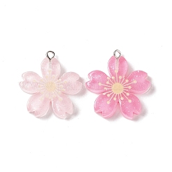 透明樹脂ペンダント  プラチナトーンの鉄製ループとグリッターパウダー付き  花のチャーム  ミックスカラー  29x27x5.5mm  穴：2mm&nbsp;RESI-G046-07P