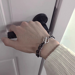 Two Tone 201 Stainless Steel Curb Chain & Cable Chain Double Layers Bracelets for Women Men&nbsp;FS-WGC755C-03