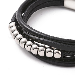 Black Leather Braided Cord Multi-strand Bracelet with 201 Stainless Steel Magnetic Clasps&nbsp;BJEW-P275-08P