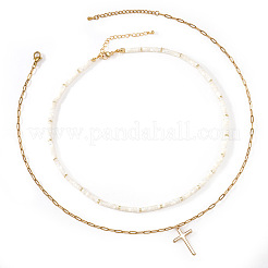 Beach Vacation Style Stainless Steel Religion Cross Pendant Natural White Jade Heishi Beaded Double Layer Necklaces for Women&nbsp;QG1443