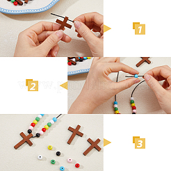 ラウンド＆クロスペンダントネックレスのDIYキット  ワックス加工された綿糸コードを含む  スプレー塗装された丸いシマウッドビーズ  木製クロスペンダント  ミックスカラー  40x29x4.5mm  穴：2mm  20pc&nbsp;DIY-DC0004-02B