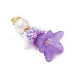 ガラスシードビーズの花の置物ペンダント  ガラスパールとアクリル  スミレ  33x18x17.5mm  穴：2.5mm&nbsp;PALLOY-MZ00686-02
