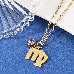 304 ステンレススチール ガラス ドリル 誕生石 星座 ペンダント ネックレス  18KGP本金メッキ  真空めっき  乙女座  17.72インチ（45cm）  ペンダント：17x15.5x1.1mm&nbsp;LS-STAS-D305-08G-F