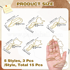 5種類のスタイルの鉄製ペーパークリップ15個  ゴールドカラー  混合図形  67~76x30~39x10mm  3個/スタイル&nbsp;AJEW-SZ0003-07