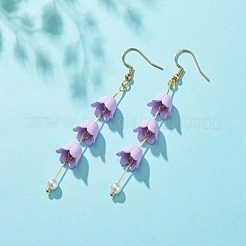 アクリル製の花とプラスチック製のパールのロング ダングル イヤリング  女性用金メッキ 304 ステンレススチールジュエリー  ライラック  80mm  ピン：0.6mm&nbsp;EJEW-JE04941-01
