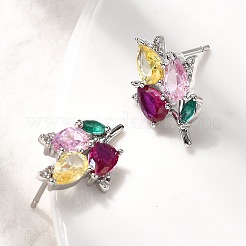Brass Micro Pave Cubic Zirconia Flower Stud Earrings&nbsp;EJEW-P322-12P