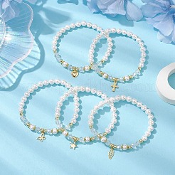 6mm ラウンドシェルパールビーズストレッチブレスレット  女性用ゴールデントーン 304 ステンレススチール チャームブレスレット  混合図形  内径：2インチ（5.2cm）&nbsp;BJEW-JB10672