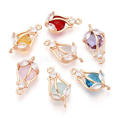 Brass Micro Pave Clear Cubic Zirconia and Glass Flower Pendants, Tulip Charms, Cadmium Free & Nickel Free & Lead Free, Light Gold, Mixed Color, 21~22x11.1x6.1mm, Hole: 1.2mm