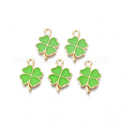 Rack Plating Alloy Enamel Pendants, Cadmium Free & Nickel Free & Lead Free, Clover, Light Gold, Lime Green, 19x13x1.5mm, Hole: 1.6mm