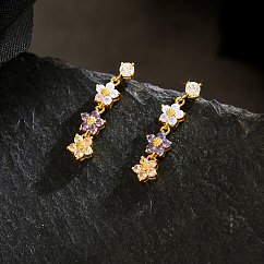 Brass Flower Dangle Stud Earrings, with Cubic Zirconia, Real 18K Gold Plated, 27.3x6.3mm