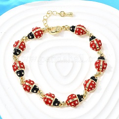 Brass Charm Bracelets for Women, Ladybird, with Enamel, Cadmium Free & Lead Free, Rack Plating, Real 18K Gold Plated, Red, 7-1/4 inch(18.5cm)